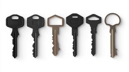 A minimalist arrangement of six different keys in varying colors and designs, lined up neatly on a white background with subtle shadows.