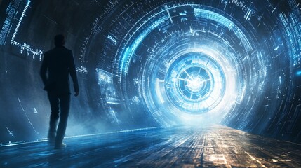 Aufkleber - Man Walking Into Glowing Tunnel with Circular Futuristic Design Elements
