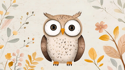 Sticker - Watercolor Illustration Owl with Leaves and Flowers at Forest