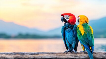 Poster - Two colorful macaws, one red and blue, the other yellow and green, are perched on a wooden railing by the ocean. The tranquil waters reflect the warm hues of a stunning sunset in the background.