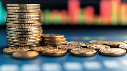 Poster - A stack of gold coins is arranged in a pyramid-like formation on a blue surface, with the largest coin at the top. In the background, a vibrant stock market chart is in sharp focus.