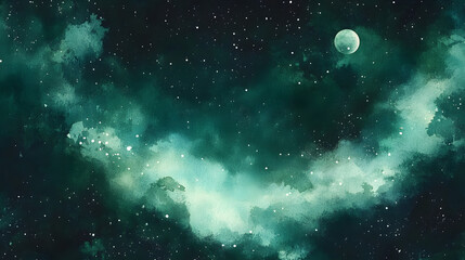 Wall Mural - Dark green watercolor texture depicting the night sky with the moon. Celebration greeting background. Dark green, white and black background.