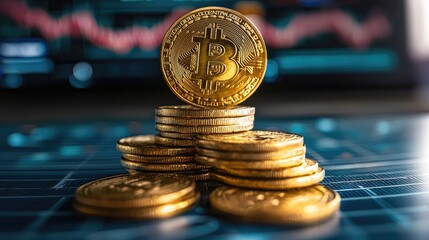 Poster - A stack of gold coins is arranged in a pyramid-like formation on a blue surface, with the largest coin at the top. In the background, a vibrant stock market chart is in sharp focus.