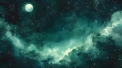 Wall Mural - Dark green watercolor texture depicting the night sky with the moon. Celebration greeting background. Dark green, white and black background.
