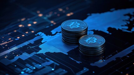 Poster - Stacked Bitcoin Coins on a Dark Background Featuring Digital Map and Data Visualization for Cryptocurrency Financial Concepts