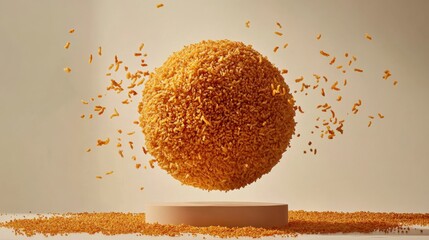 Poster - Floating spherical object made of textured grains against a minimalist background