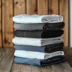 Poster - Neatly folded clothes. Stack of colorful perfectly folded clothing items.