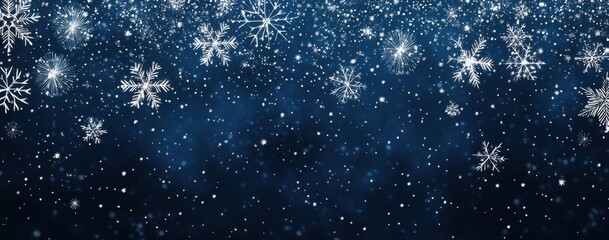 Poster - Snowflakes Falling on Dark Blue Background in a Winter Wonderland Scene with Sparkling Glittering Effects and a Calm Atmospheric Feeling