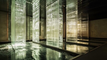 Poster - Reflective tranquility, Textured glass panels in serene interior space