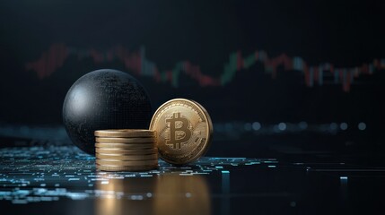 Poster - Cryptocurrency Concepts with Bitcoin Coins, Stacked Coins, Graphs, and Digital Elements for Financial and Investment Themes