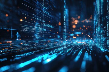 Futuristic city with digital code stream