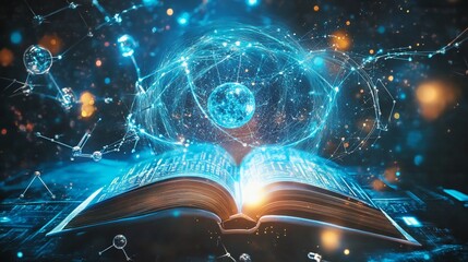 Aufkleber - Open book with glowing circuits and a digital atom in a cosmic environment