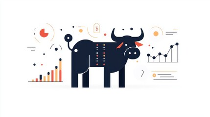 Poster - Abstract illustration of a bull symbolizing financial growth, investment, and market trends with colorful charts and graphs in a modern design