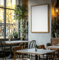 Poster - Mockup of an empty poster on the wall in a cafe.