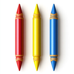 Wall Mural - Three double-ended crayons with bright primary colors stand tall on a white background, presenting a fun and creative coloring experience.