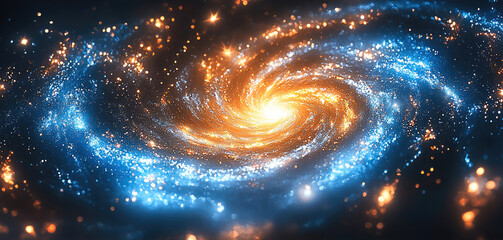 Aufkleber - A close-up of the golden spiral galaxy, its bright stars creating an enchanting and cosmic background. The light particles dance around in vibrant hues of blue and gold.