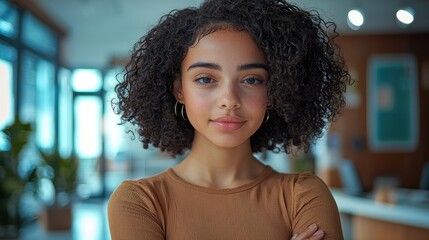 Aufkleber - A young woman with curly hair standing in an office with her arms crossed.