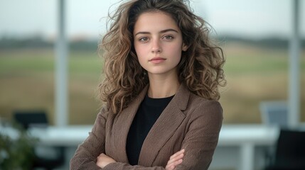 Wall Mural - A young woman with curly hair standing in an office with her arms crossed.