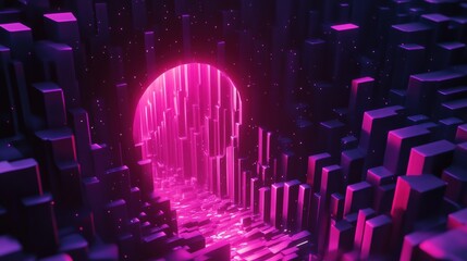Poster - Abstract digital landscape featuring a glowing pink portal amidst towering geometric structures