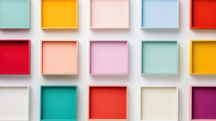 Poster - Colorful arrangement of empty square boxes on a white background, showcasing various hues