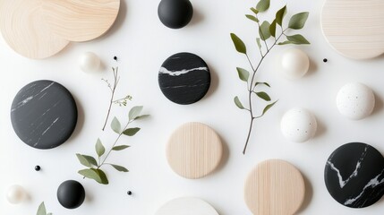 Poster - Aesthetic arrangement of circular wooden and marble coasters with greenery on a white background