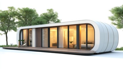 Poster - Modern minimalist house design with large windows surrounded by greenery in a serene environment