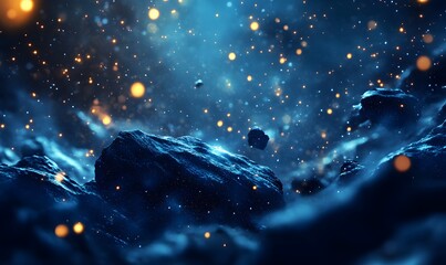 Wall Mural - a futuristic cosmic landscape with deep blue tones, glowing nebulas, and floating asteroids, generat