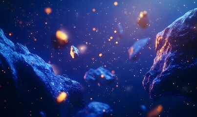 Wall Mural - a futuristic cosmic landscape with deep blue tones, glowing nebulas, and floating asteroids, generat