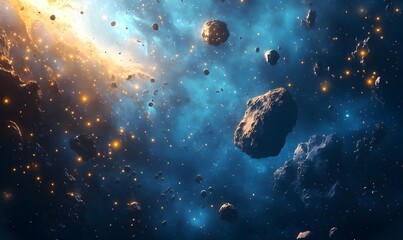 Wall Mural - a futuristic cosmic landscape with deep blue tones, glowing nebulas, and floating asteroids, generat