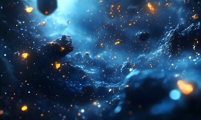 Wall Mural - a futuristic cosmic landscape with deep blue tones, glowing nebulas, and floating asteroids, generat