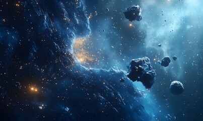 Wall Mural - a futuristic cosmic landscape with deep blue tones, glowing nebulas, and floating asteroids, generat