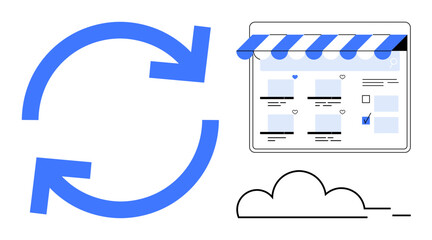Blue circular arrows indicating a refresh process next to a storefront interface of an e-commerce website with a cloud graphic. Ideal for website updates, e-commerce, cloud computing, online stores