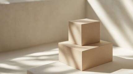Poster - Minimalistic display of stacked geometric boxes on a soft surface with gentle lighting