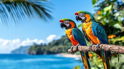 Poster - Two colorful macaws sit on a branch overlooking a stunning tropical coastline. The clear blue ocean meets sandy beaches, creating a serene vacation atmosphere surrounded by lush greenery.