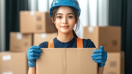 Poster - A confident and friendly delivery Asian women worker in a crisp navy uniform with orange safety suspenders, wearing blue gloves and a blue hard hat, holding a neatly packed cardboard box.