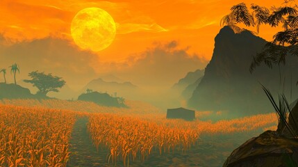 Wall Mural - Serene Sunset Over Golden Rice Field With Majestic Mountains and Vibrant Sky Reflections in Tranquil Landscape