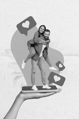 Poster - Vertical collage image of hand hold telephone display two excited partners hug piggyback like notification