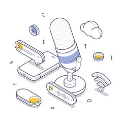 Poster - Microphone surrounded by audio-related icons like sound waves and mobile devices. Online communication and creativity activities like streaming, podcasting. Modern line art vector illustration