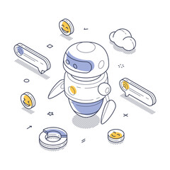 Fototapete - Futuristic AI chat bot surrounded by cheerful emoticons and chat icons in a vibrant digital landscape. Modern isometric line art vector illustration
