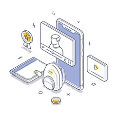 Poster - digital learning tools, featuring a smartphone with a video lecture, a backpack, and interactive ico
