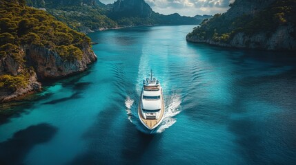 Wall Mural - Luxury white motor yacht navigates tranquil waters near distant islands