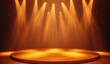 © ANUAR - Warm and Inviting Stage with Soft Golden Spotlights Shining Down on Empty Circular Platform Surrounded by Glimmering Stars and Rich Textured Background