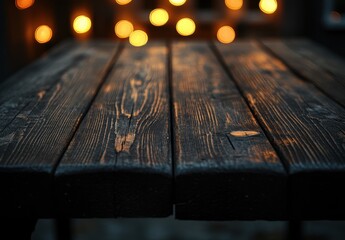 Poster - Wooden Table Surface with Warm Bokeh Lights in the Background Creating a Cozy and Inviting Atmosphere for Photography and Interior Decor
