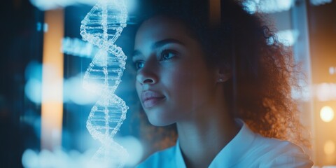 Aufkleber - a thoughtful scientist gazes at dynamic dna strands. the image captures the essence of research and 