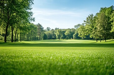 lush golf course fairway, sunny day, tranquil scenery, perfect for relaxation