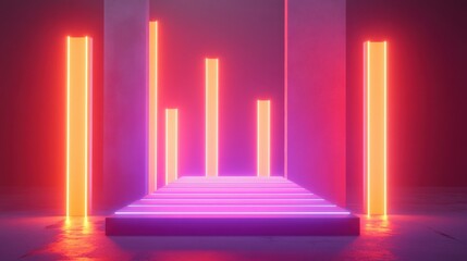 Poster - Futuristic neon-lit pathway with glowing pillars in a dimly lit environment