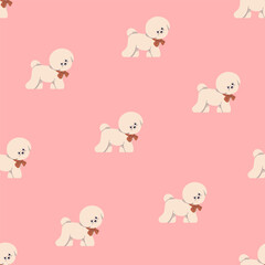 Fototapete - Seamless pattern, cute Bichon Frise, baby puppy with bow collar. Toy dog, repeating print, endless canine pet background, texture design for textile, fabric, wrapping. Flat vector illustration