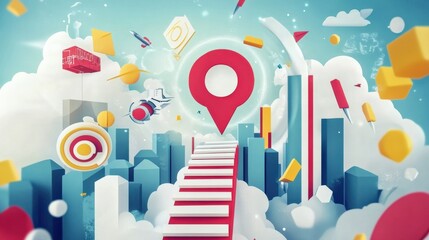 Poster - Colorful abstract representation of a digital city with 3D elements and clouds in the background
