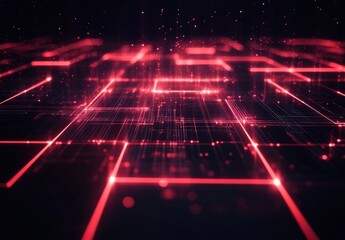 Poster - Abstract red digital network grid.