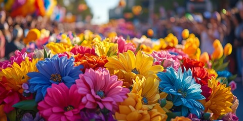 Colorful flowers adorning a float in a vibrant california parade